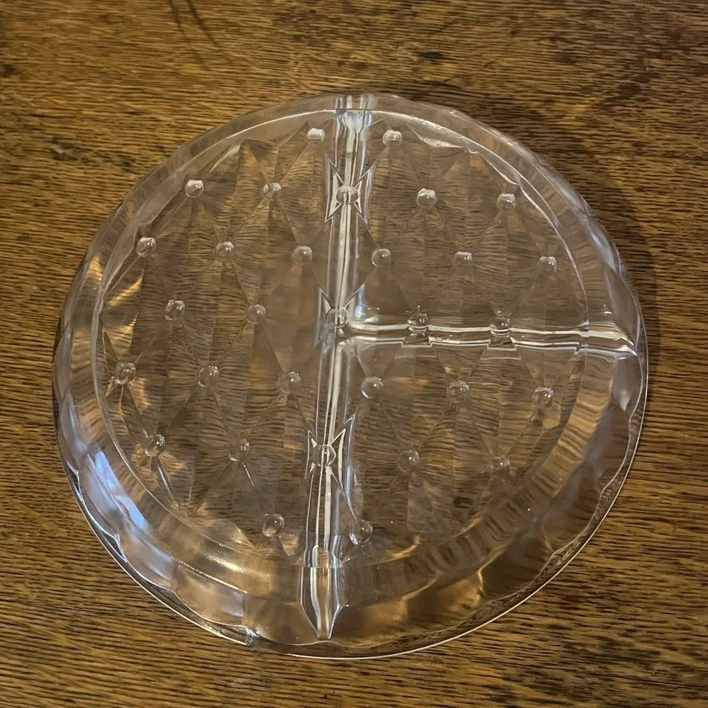 Vintage Round Glass 3 Section Divided Dish Diamond and Dots Pattern 7.25in
